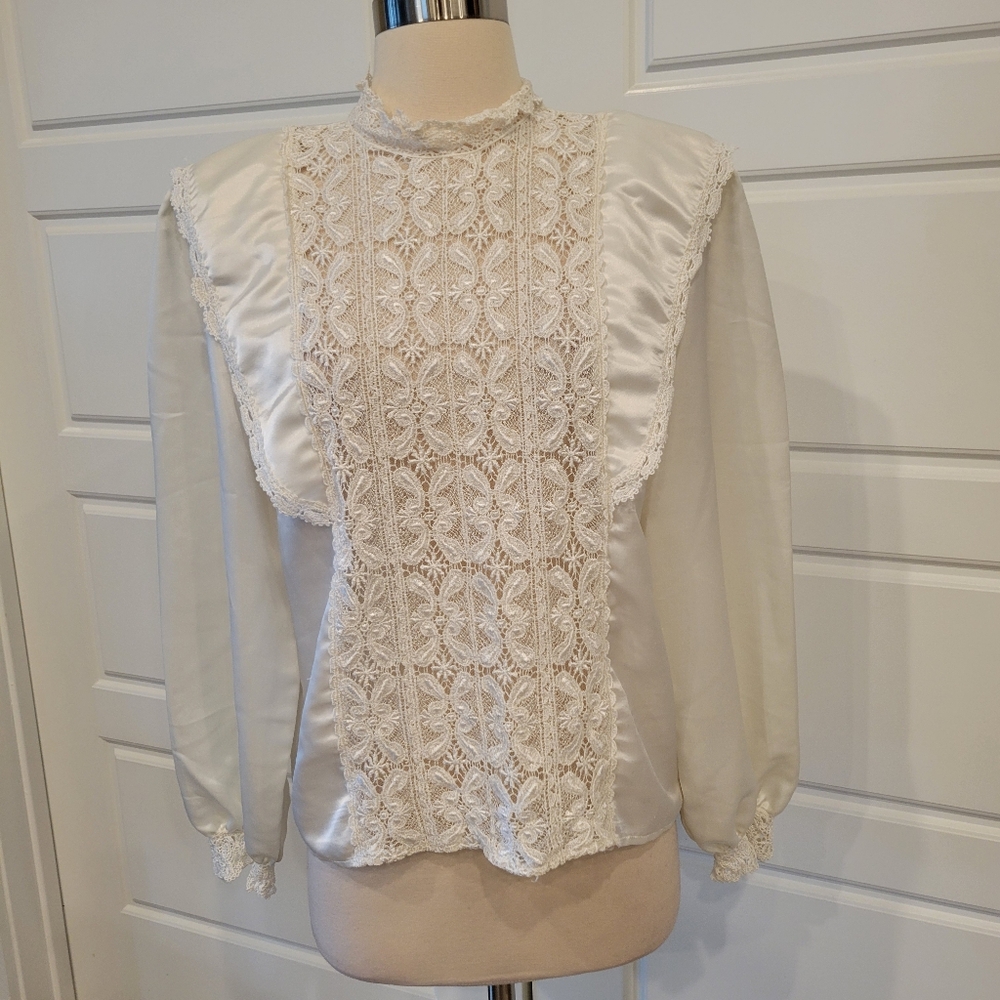 SAN ANDRE VINTAGE 80S VICTORIAN CREAM BLOUSE NEO EDWARDIAN LACY BLOUSE Size 10 - Picture 4 of 15